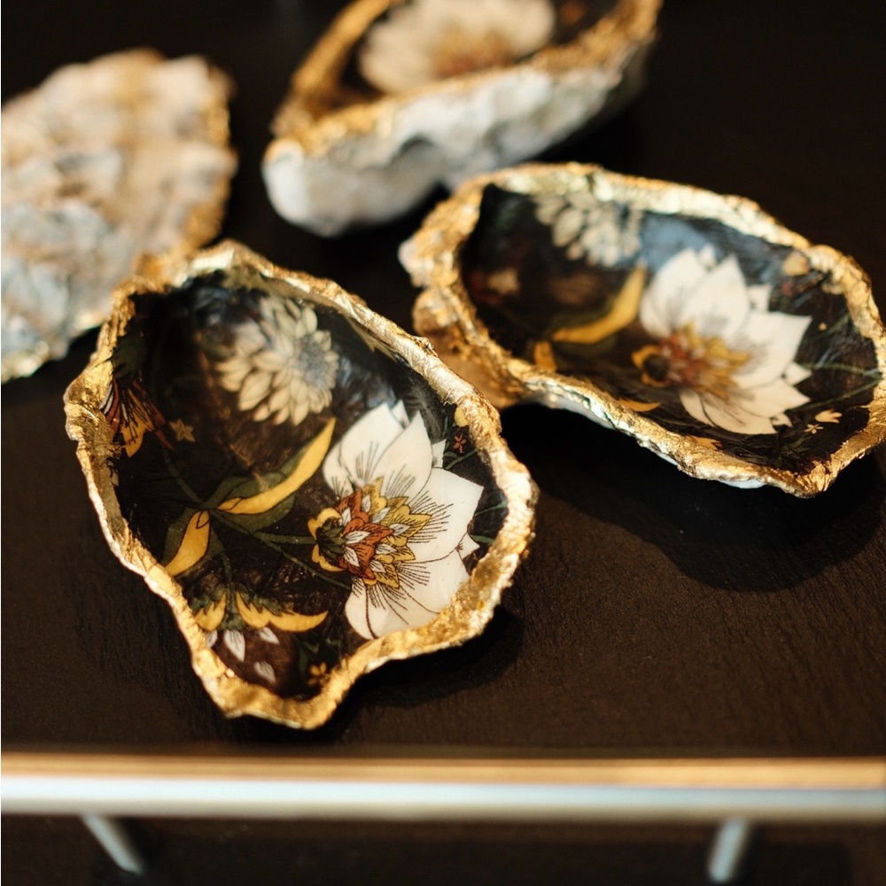 A Thoughtful Holiday Gift:Elegant Floral Gold Trim Oyster Shell Jewelry Dish